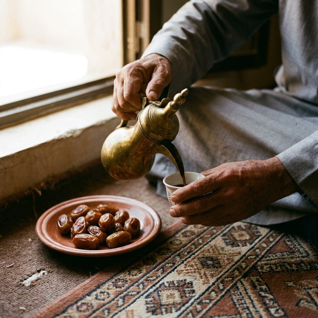 Hands pouring Arabic coffee from a brass pot
