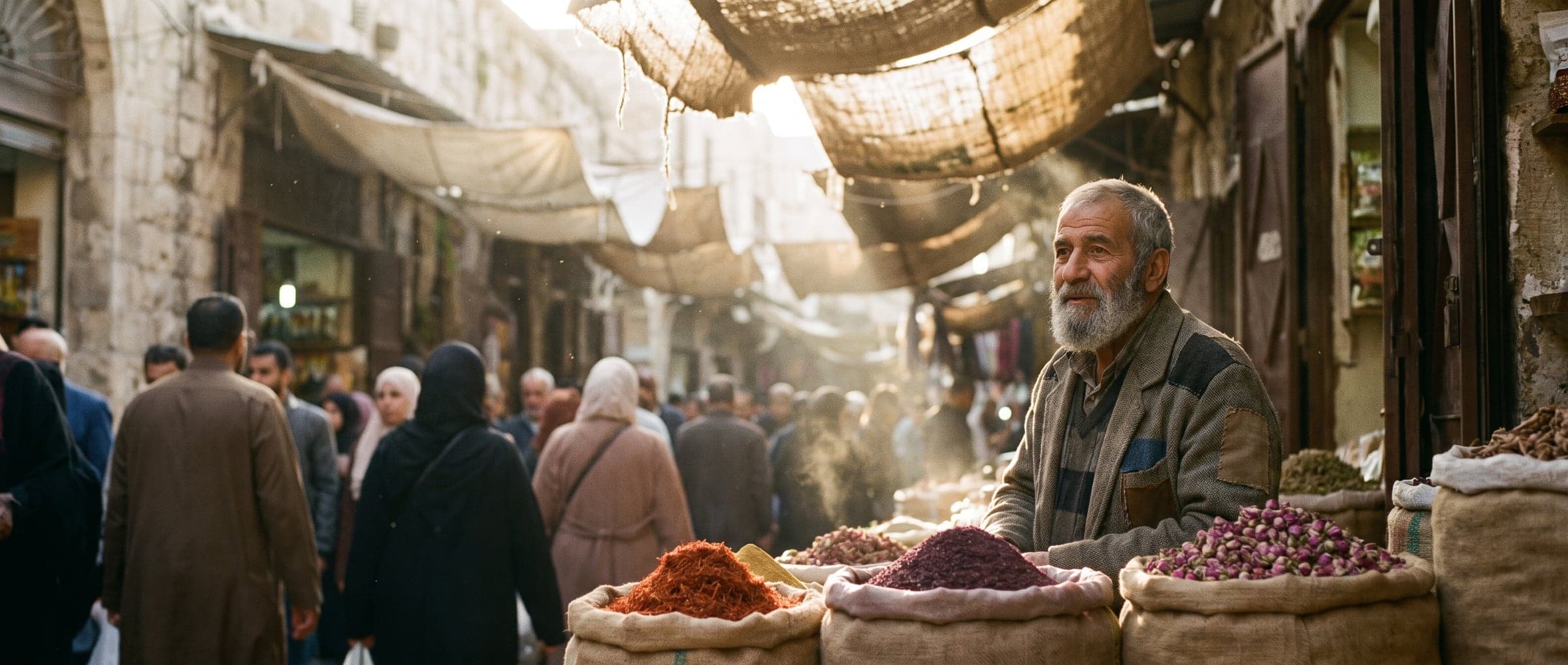 A spice seller in an old market at golden hour. The image was generated by AI.
