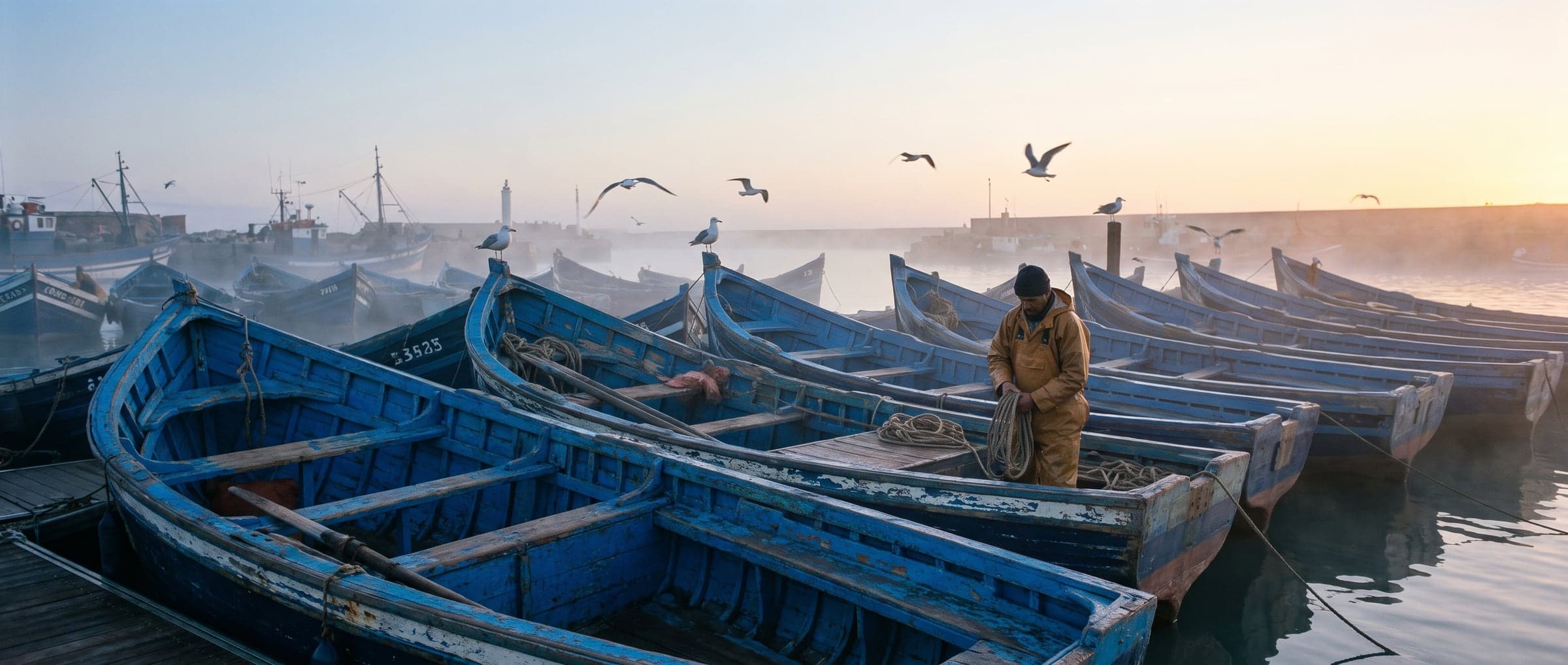 A small fishing harbour at dawn with wooden boats. The image was generated with AI.